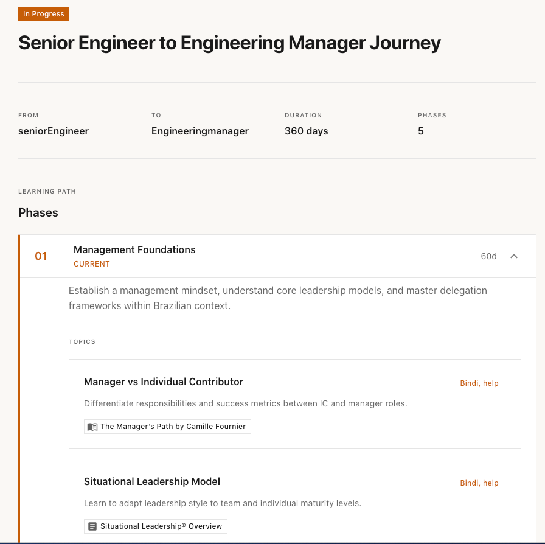 Bindi career journey — personalized career plan with milestones and learning topics